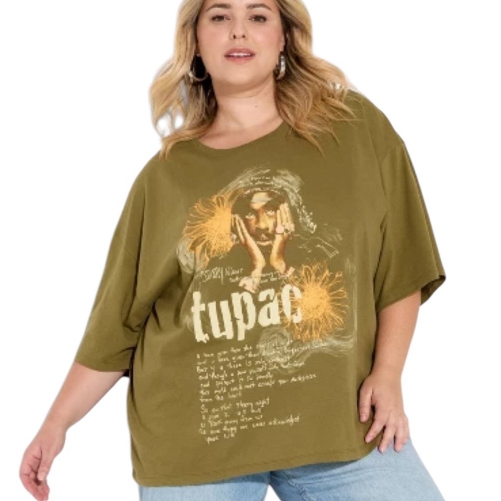 Women's Tupac Lyrics Oversized Short Sleeve‎ Graphic T-Shirt - Olive Green